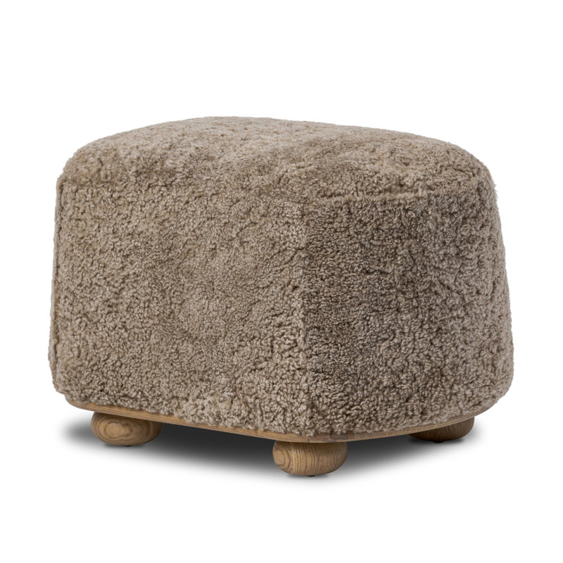 Bilbury Oval Ottoman-Taupe Shearling, Taupe Genuine Fur, Worrn Oak
