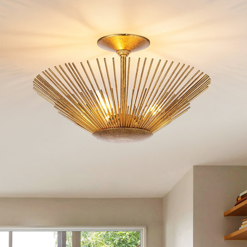 Plafonnier semi-encastré à 3 lumières, style moderne du milieu du siècle, avec effet soleil et intensité variable, en feuille d'or antique, de 17 pouces.