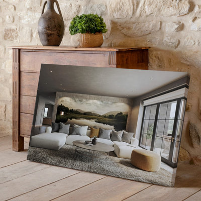 Canvas A Serene Interior Scene Featuring A Modern Spacious Living Room Wall Art With A Large Plush White Sectional Sofa Adorned With Canvas Wall Art