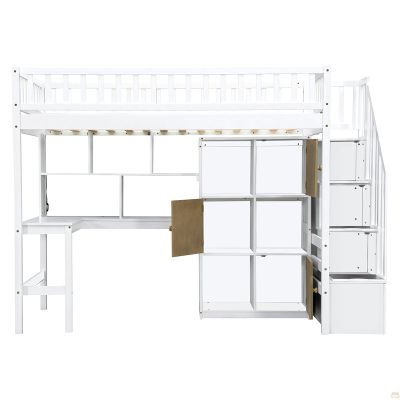 Lit mezzanine simple en bois avec bureau intégré, DEL, tablettes de rangement