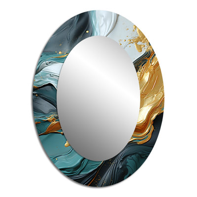Gold And Green White Marble Waterfall IV - Abstract Oval Decorative Mirror On Metal