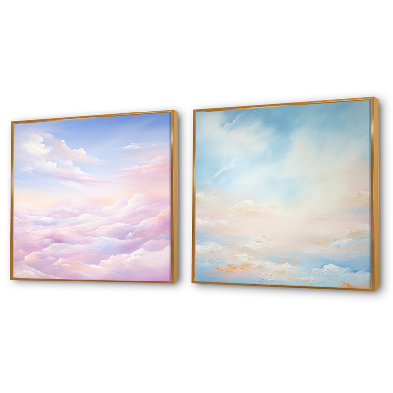 Nuage rose, paysage minimaliste - ensemble de 2 carrés carrés, H 16 po x l 33 po, Cadre flottant doré