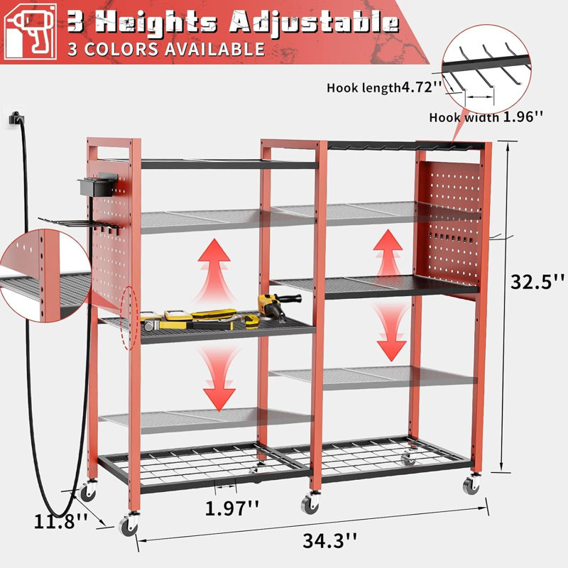  Organisateur d'outils électriques avec station de charge, chariot à outils roulant sur roulettes avec 12 supports de perceuses, 5 tablettes de rangement, boîte à outils avec support à batterie et multiprise pour garage, atelier, (rouge)