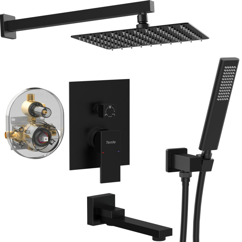 Male NPT Folding Bathtub Shower Faucet, Rain Shower Head System With Bath Tub Faucet Set And Handheld For Bathroom, Matte Black 3 Function Tub Shower Roughin Valve And Diverter