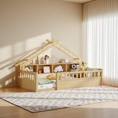 Floor Bed With Light, Wood Floor Bed With Storage Bookshelves, Floor Bed With Roof Shape For Kids