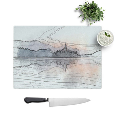 Tempered Glass Wintertime at Lake Bled in Slovenia in Abstract Chopping Board