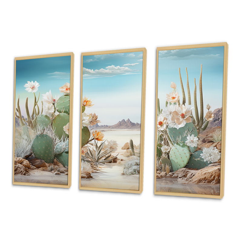 Collage cactus sur la plage - ensemble de décoration murale cactus floral, Cadre naturel flottant, H 28 po x l 36 po x P 1 po