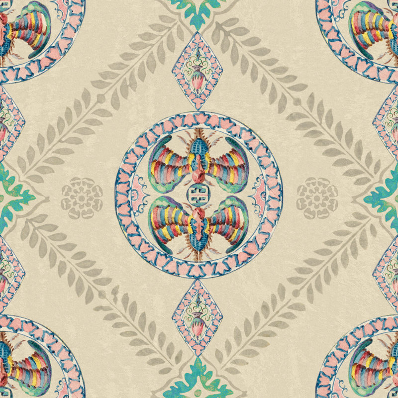 ORIENT EXPRESS Wallpaper Roll, Taupe/Red/Blue/Pink/Turquoise