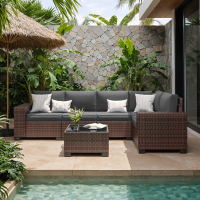 Ensemble de conversation modulaire en osier pour 5 personnes avec coussins