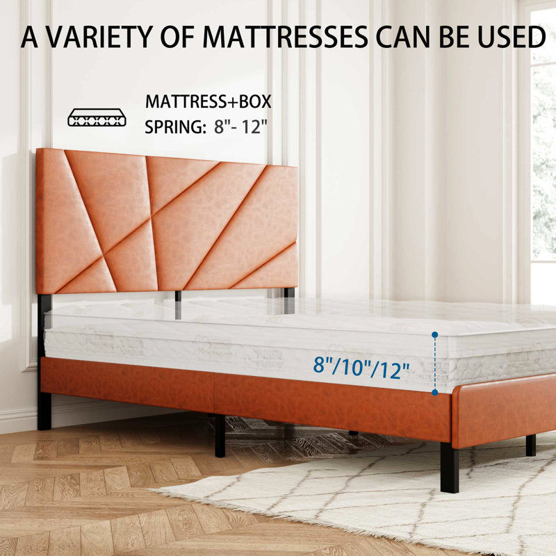 Base de lit double pleine grandeur, brun antique, rembourré avec tête de lit, plateforme carrée, rangement sous le comptoir, métal, sans sommier, lit plateforme brun facile à assembler, matelas à ressorts, chambre