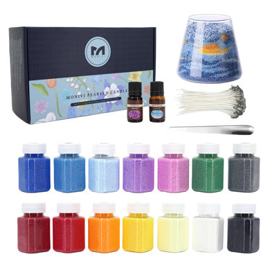 Nécessaire de fabrication de bougies en sable perlé, ensemble de bougies bricolage en cire de sable 14 couleurs avec tasse en verre, huiles parfumées, mèches et cuillère, cadeau d'artisanat pour adultes
