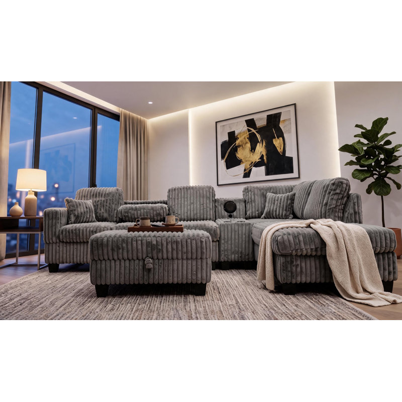 Vega Reversible Faux Fur Sectional with Media Console And Storage Ottoman, Gray Carduroy