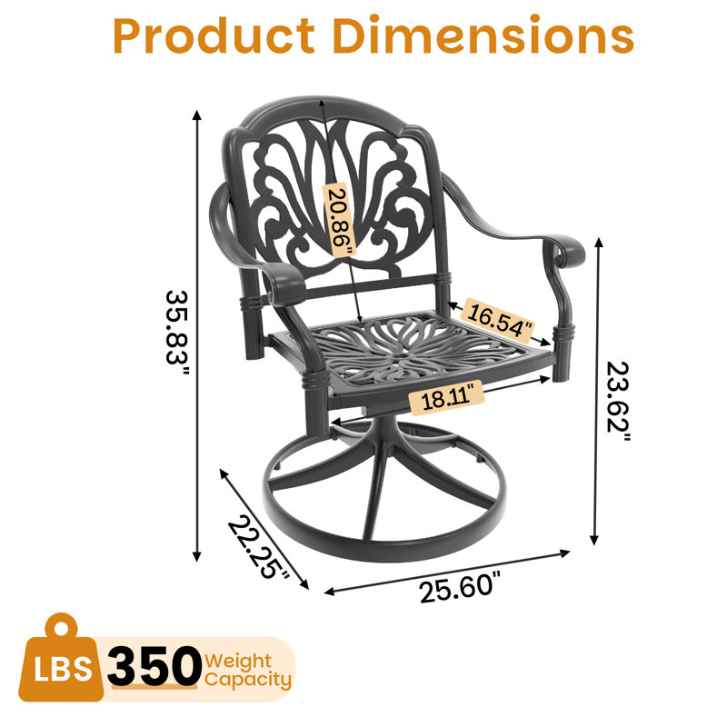 Outdoor Cast Aluminum Swivel Chair, 360° Swivel Function, with Random Color Cushion (Set of 2)