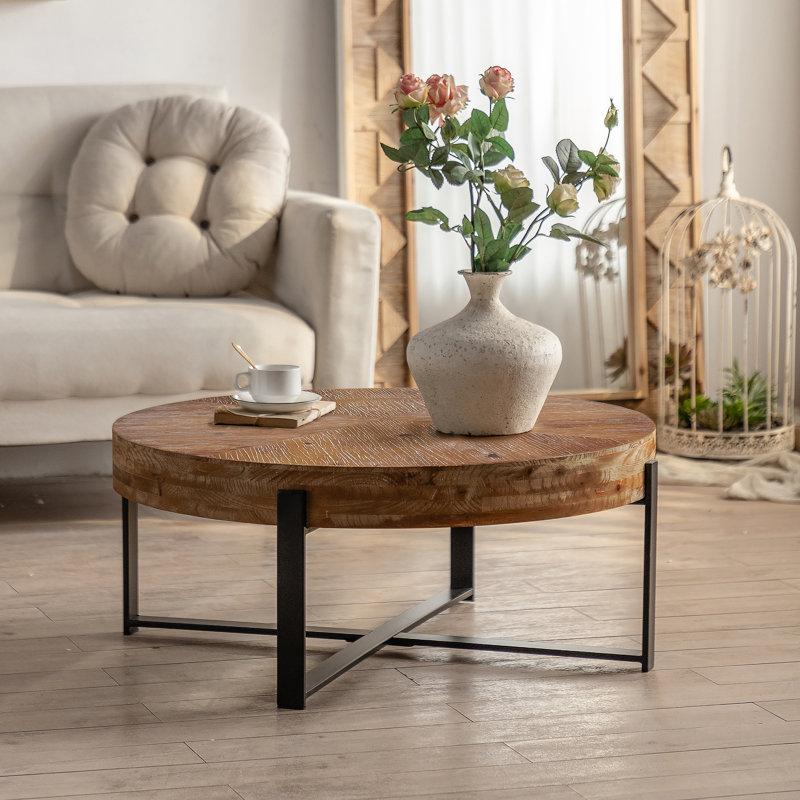 Table basse ronde rétro avec plateau en bois de sapin et pieds croisés, 13.38" H x 31.29" W x 31.29" D, Black