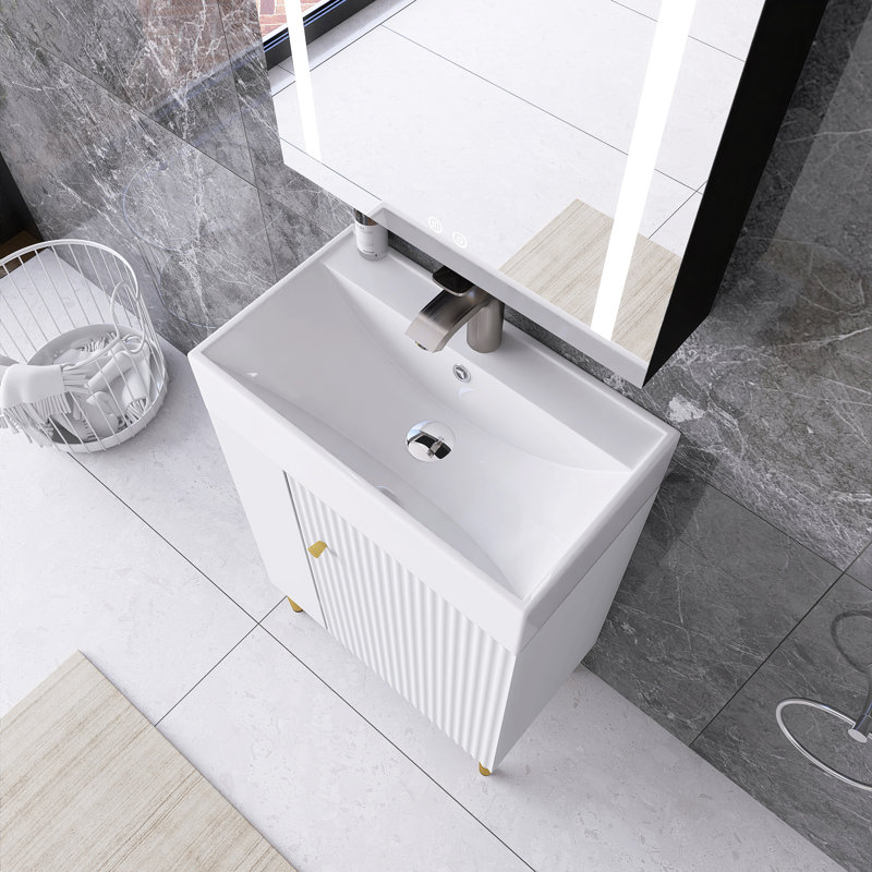 22 po Meuble-lavabo autoportant blanc avec plateau en céramique blanche non assemblé