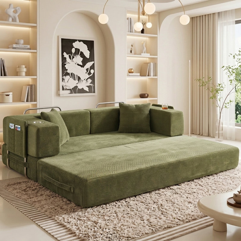Canapé-lit futon convertible de 200 cm avec poche de rangement et porte-gobelets, canapé-lit modulable en velours côtelé, canapé-lit gigogne pour salon, aucun assemblage requis