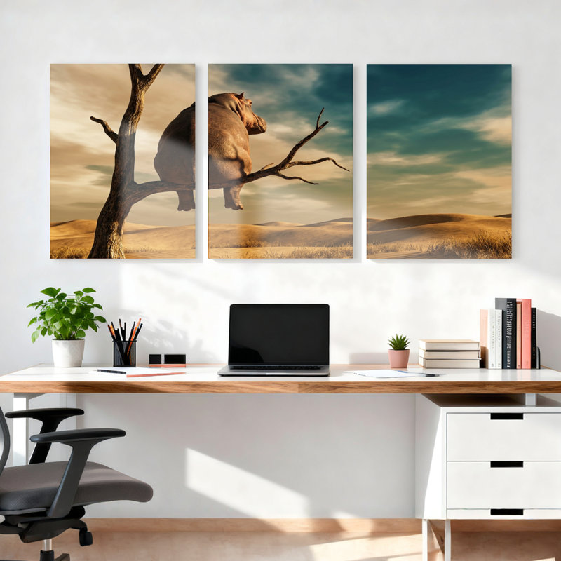 Ensemble de 3 tableaux muraux sur toile représentant un hippopotame sur un arbre, 2030