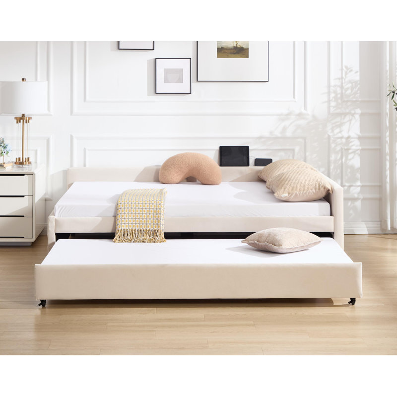 Lit de jour rembourré avec lit gigogne, structure de lit en bois robuste, conception de grille de diamant moderne, pour chambre à coucher, chambre d'amis (beige)