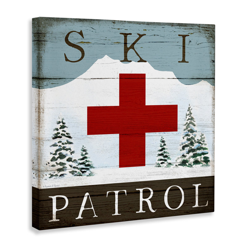 Signe de chalet de patrouille de ski rustique, montagne enneigée, montagne, encadré noir, art texturé par Elizabeth Tyndall