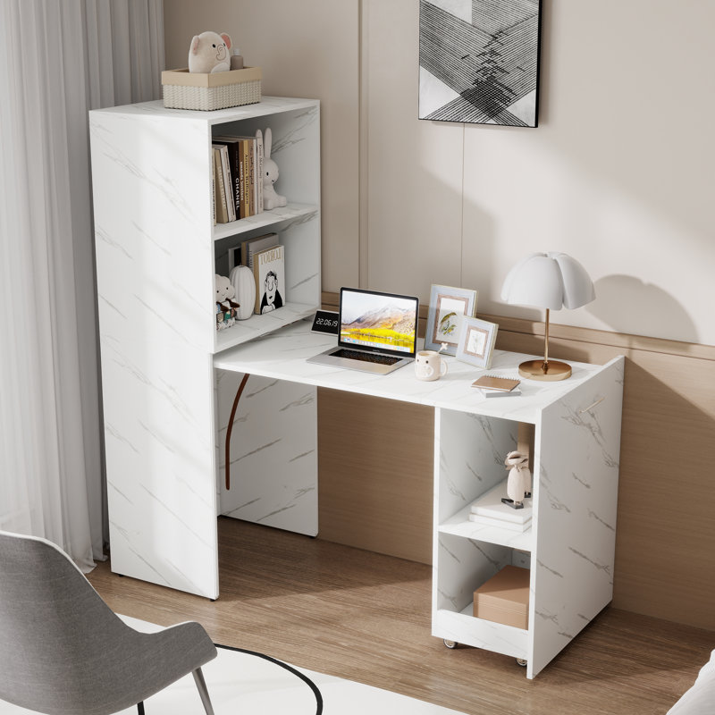 Bureau en L extensible avec tablettes ouvertes et roulettes, Marbre blanc