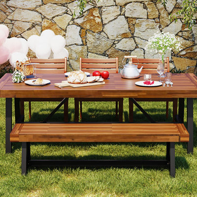 Ensemble repas d'extérieur en bois pour 7 à 8 personnes, meubles de salle à manger d'extérieur avec coussins amovibles, chaises ergonomiques et banc pour jardin