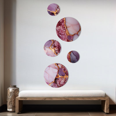 Pink And Gold Marble Agate River IV - Abstract Round Wall Art Set Of 5