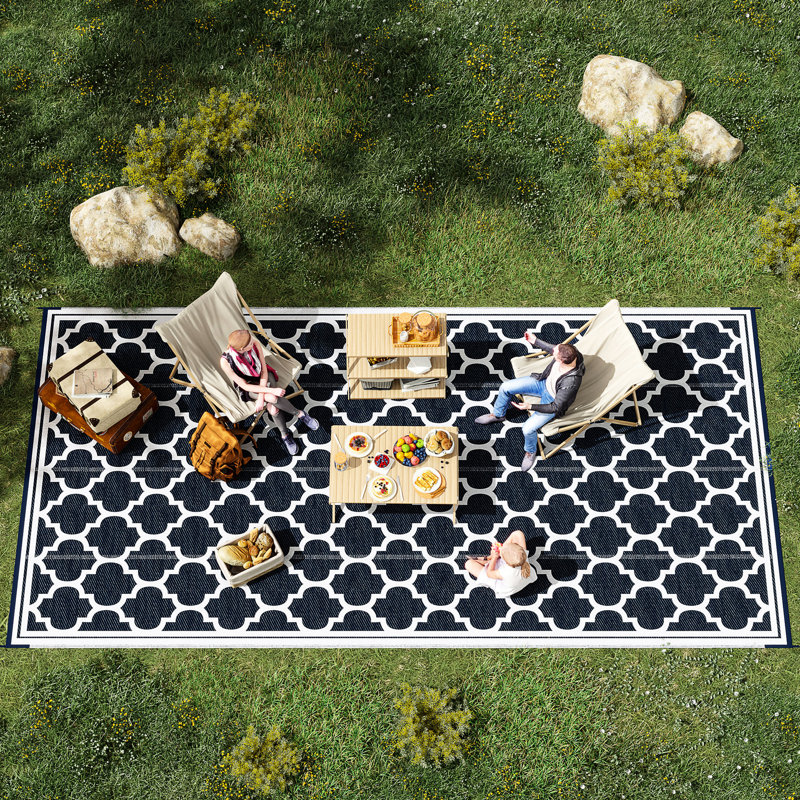 9' X 18' Waterproof Outdoor Rug, Reversible Plastic Straw Rug. Blue & White Mat For Backyard, Deck, Picnic, Beach. Portable With Carry Bag, To Wear 18', Polypropylene Floor Long-Term Use