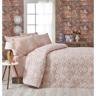 Double Quilted Bedspread Set, Powder & White, 86.6 x 86.6 inches | 65% Cotton / 35% Polyester Cover, 100% Fiber Filling | Machine Washable, Button Closure Duvet, Envelope Pillowcases (2) | Cozy & Stylish Bedding