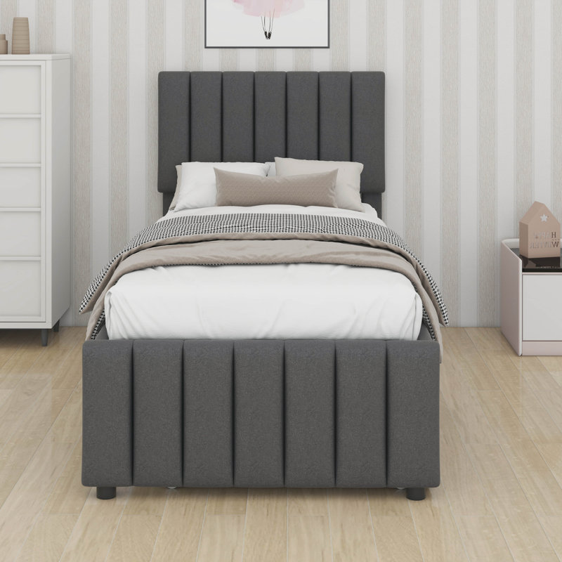 Lit simple avec lit gigogne escamotable et 3 tiroirs de rangement en dessous, lit plateforme simple tapissier en lin, Gris