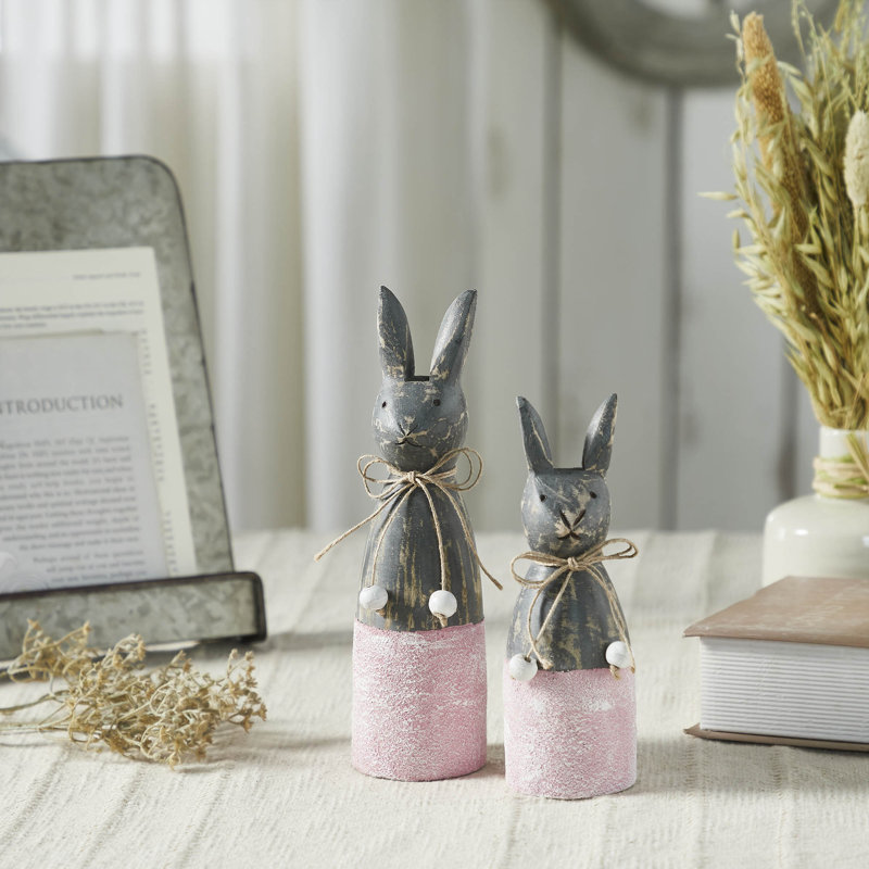 Ensemble de 2 lapins Spring In Bloom en bois avec base rose