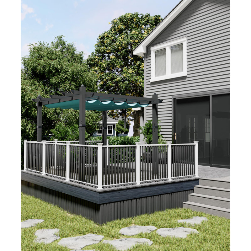 Pergola en aluminium 10 x 10 pi avec auvent rétractable, Laiton brossé, H 90,55 po x l 118 po x P 118 po