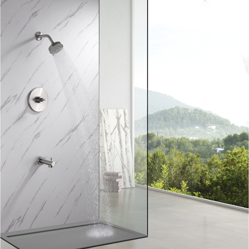 Ardua Collection Shower Trim System: 4-Function 4" Round Shower Head, Single Handle Set, Tub Spout & Rough-in Valve Included - Brushed Nickel