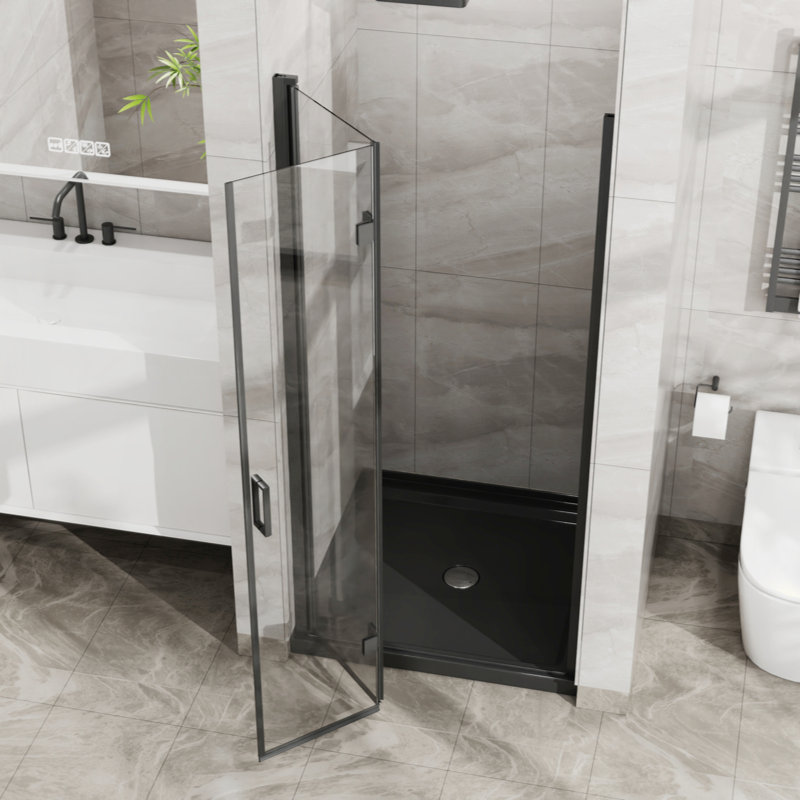 Bifold Frameless Glass Shower Door 1/4 Inch Tempered Clear Glass Pivot Swing Shower Panel, Foldable, Black