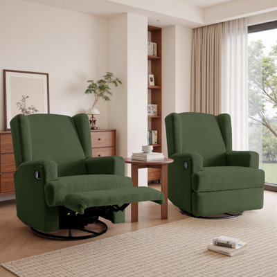 Upholstered Classic Wing Back Manual Handle Swivel Rock Glider Recliner Set of 2