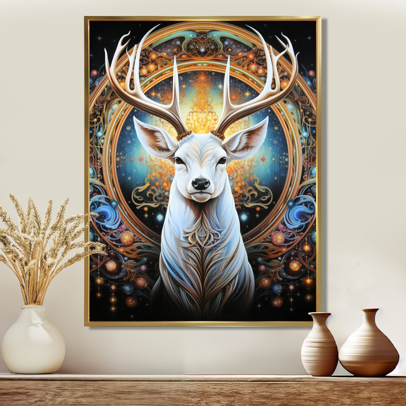 Magique cerf avec des bois dans la forêt enchantée II - impression d'art mural animal cerf, Toile avec cadre doré