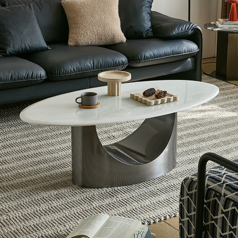 Table basse moderne minimaliste ovale en marbre, H 16,5 po x L 47,2 po x l 23,6 po