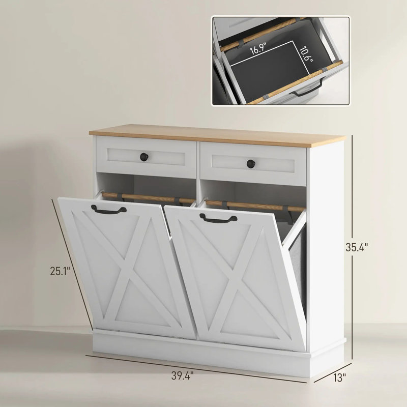 White MDF Double Tilt-Out Laundry Hamper Cabinet with Drawers