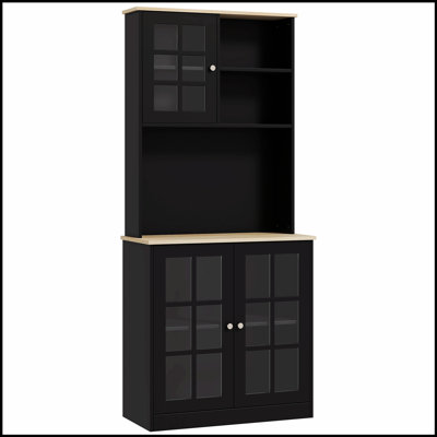 Armoire de cuisine autoportante avec huche, grand comptoir et portes en verre pour un rangement et une présentation élégants