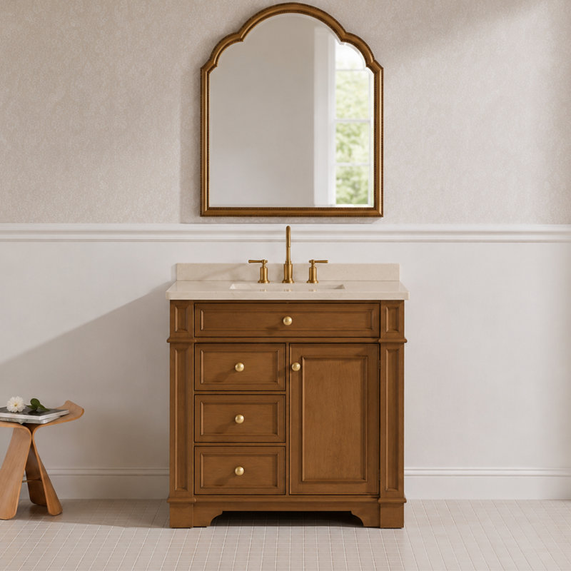 Comptoir de meuble-lavabo en noyer clair de 36 po x P 21 po avec plateau simple encastré Josano, 36, Lasano Beige