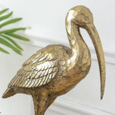 15.9 Inch Gold Finish Standing Crane Bird Figurine, Textured Resin Decorative Sculpture for Home Accent Display