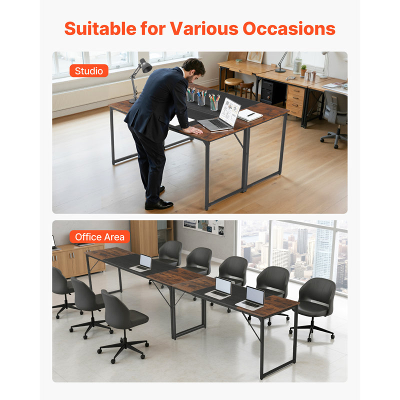 Bureau d'ordinateur, bureau de jeu de 63 pouces pour le bureau personnel, bureau d'écriture simple avec cadre en métal pour grand espace pour les jambes, brun rustique et noir
