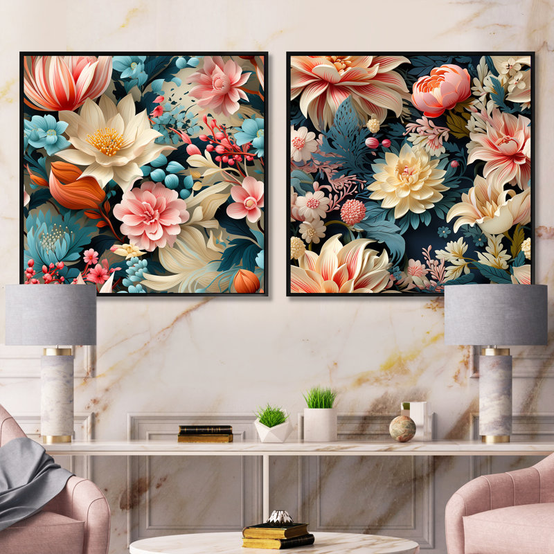 Bryony - Ensemble de 2 collages carrés botaniques abstraits, Cadre flottant noir, H 36 po x l 73 po