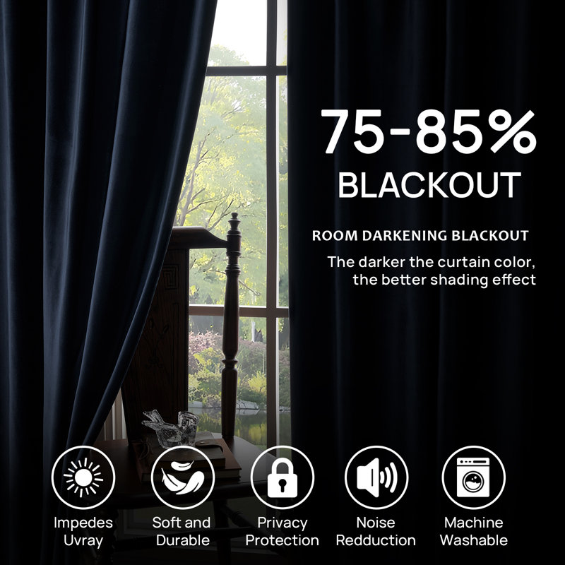 Luxury Pinch Pleated Velvet Blackout Curtains - Room Darkening 75%-95% Back Tab Drapes with Hooks+Rings (set of 2), Navy Blue