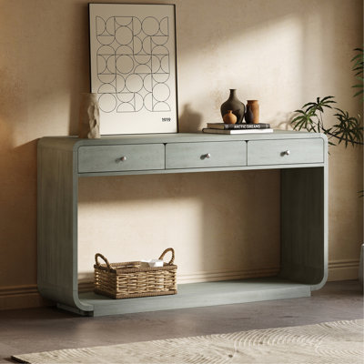 Console de style antique, 3 tiroirs de rangement, tablette de présentation, pieds courbés, finition peinte, entrée / couloir / salon, bleu