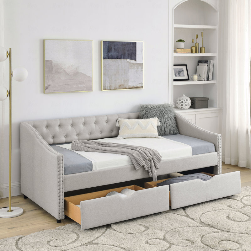 Upholstered Daybed, Twin Size Daybed With Drawers Tufted Sofa Bed, With Button On Back And Copper Nail On Waved Shape Arms