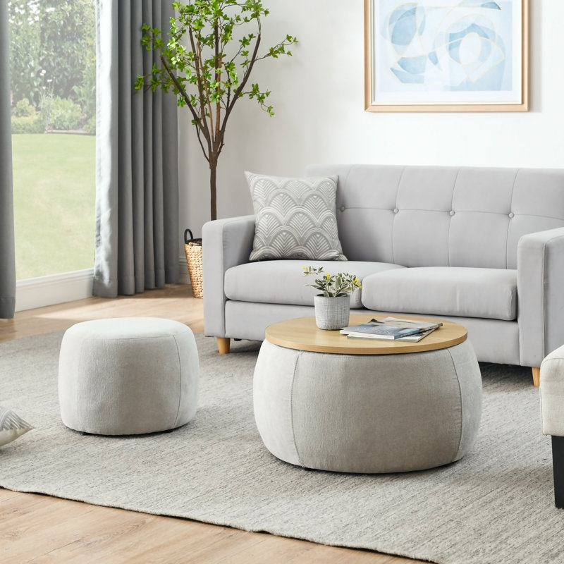 Round Storage Ottoman, 2 In 1 Function, Work As End Table And Ottoman,With Small Seat (25"X25"X14.7"), Natural, Light Grey