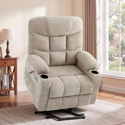 Fauteuil inclinable électrique à deux moteurs avec massage et chaleur, fauteuil inclinable électrique à position infinie avec USB A&C, porte-gobelets (T6012 - tissu chenille, avoine, surdimensionné)