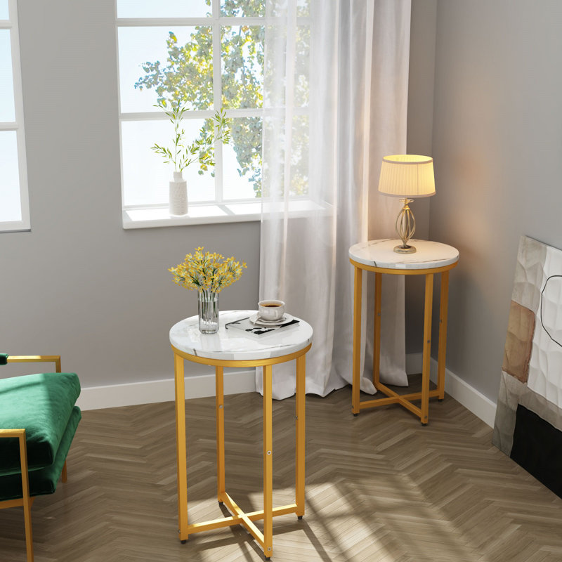 Table d'appoint ronde de style Mid-Century avec plateau en marbre Fuax et structure en acier, Blanc, Doré