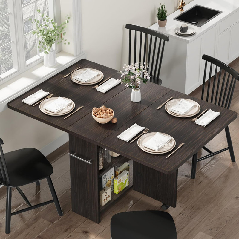 Folding Dining Table, Drop Leaf Dining Table With 6 Wheels And 2-Layer Storage Shelf, Tan