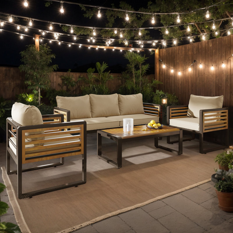 Abdel Outdoor 5 - Person Acacia Sofa Seating Group with Removable Cushion, Brown Metal and Wood Frame, Brown
